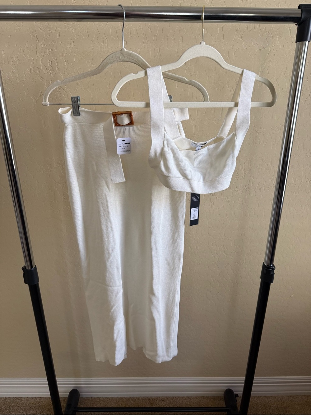 Fashion Nova White Knit Bandeau Crop Top & Skirt Set